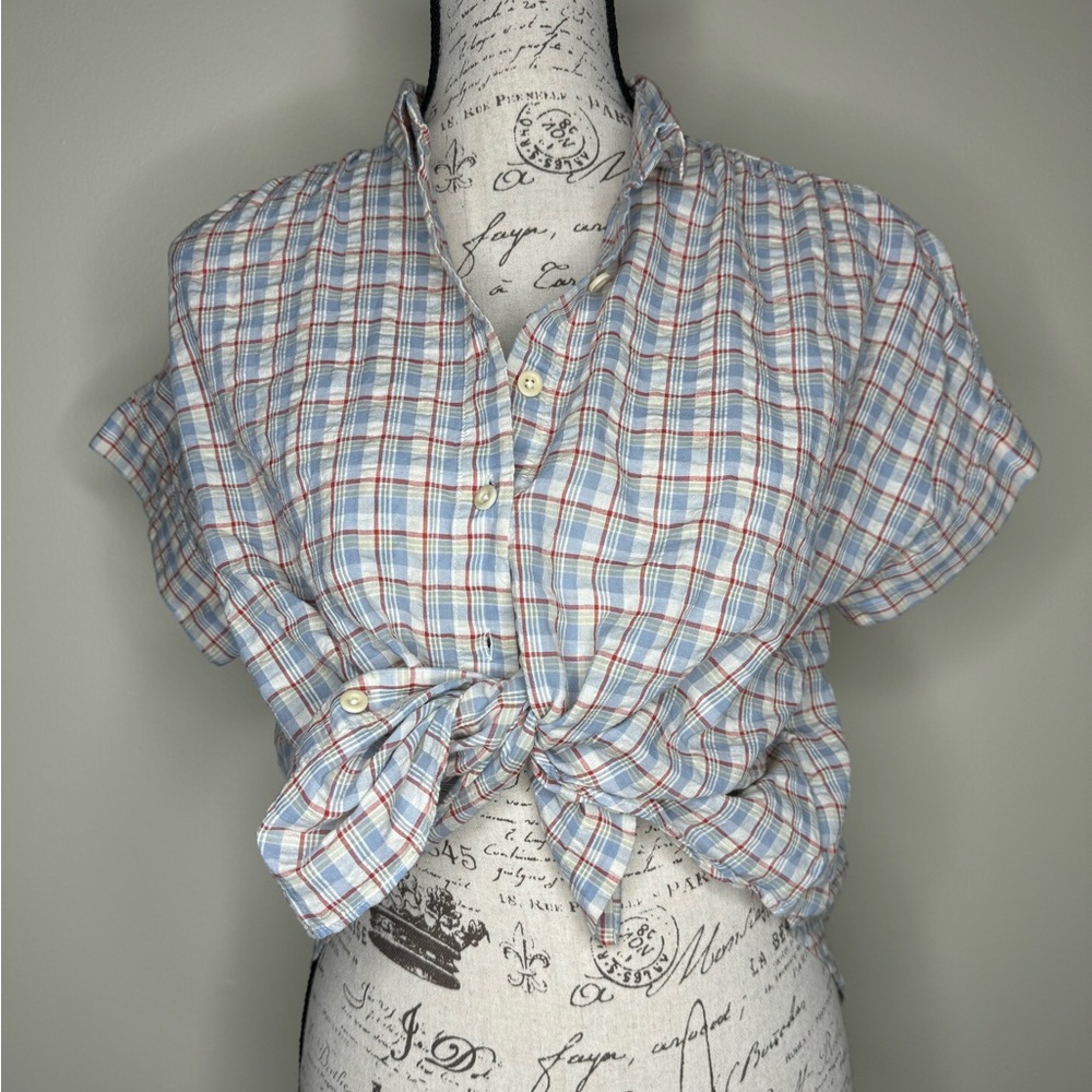 Madewell Plaid Button Up Short Sleeve Collared Shirt Blouse